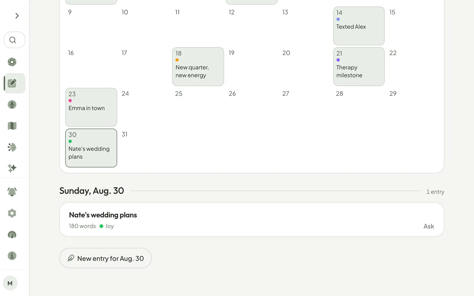 A month in the Calendar view, with written days showing a title and coloured dots and other days left blank.