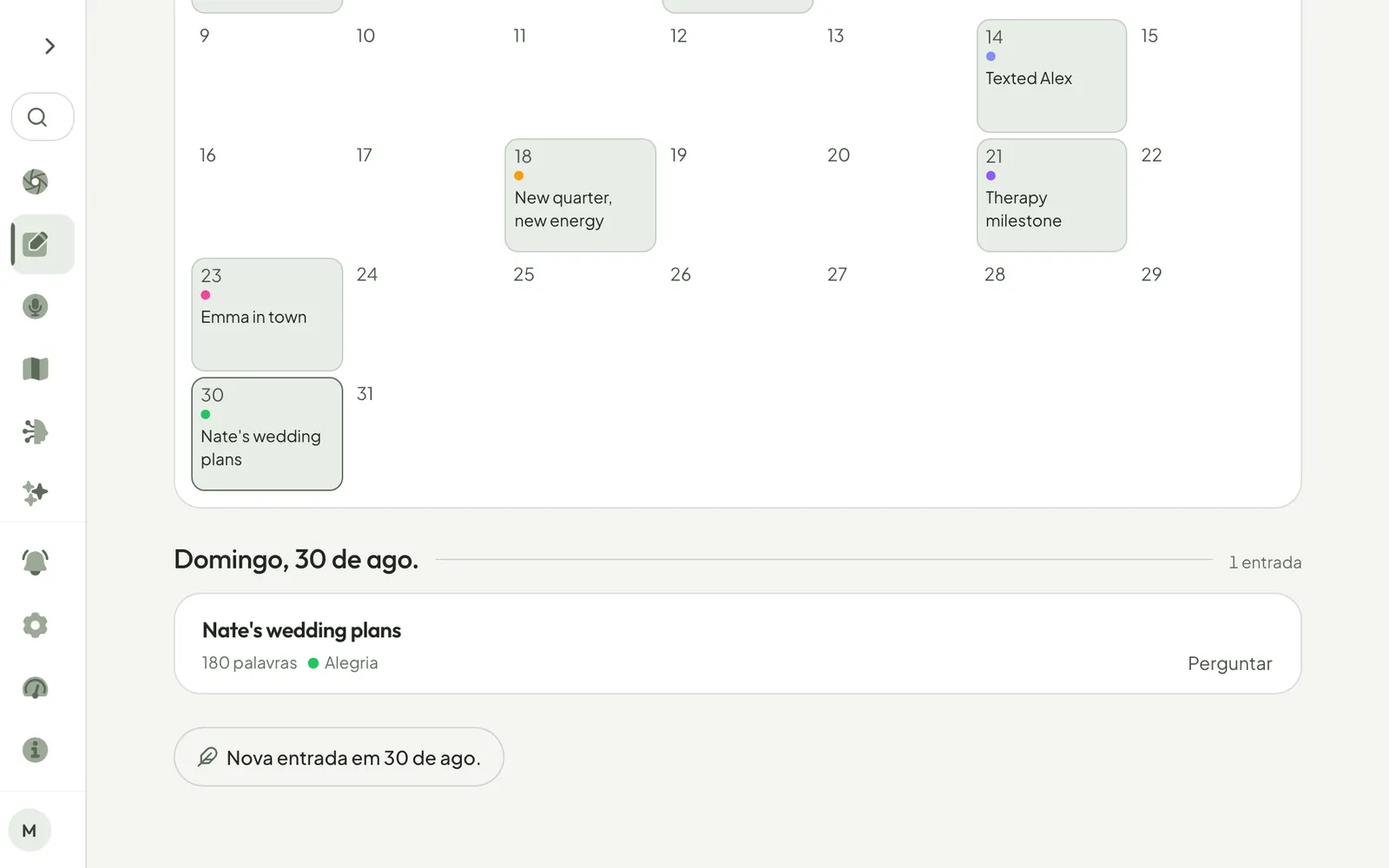 O diário passando para o Calendário, voltando um mês e abrindo um dia: os dias com algo escrito mostram um título e pontinhos coloridos, e os outros ficam em branco.