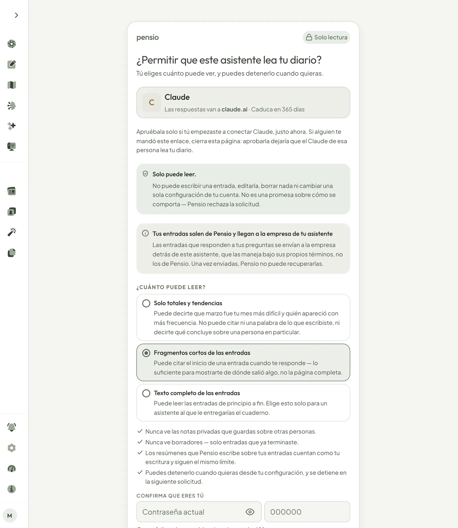 La ventana de Pensio que pregunta cuánto puede leer un asistente, con tres opciones y Fragmentos cortos de las entradas elegido.