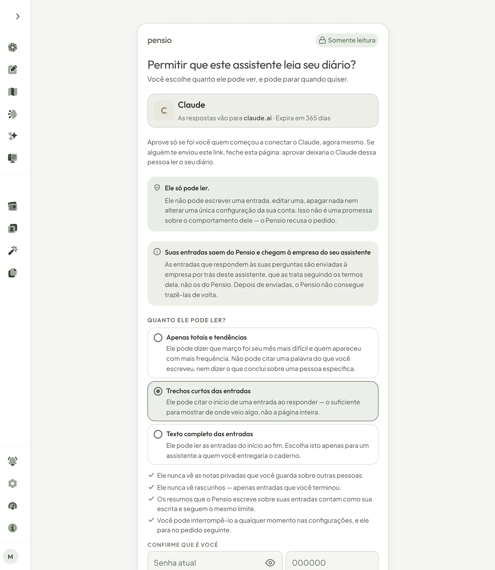 A janela do Pensio perguntando quanto um assistente pode ler, com três opções e Trechos curtos das entradas escolhido.
