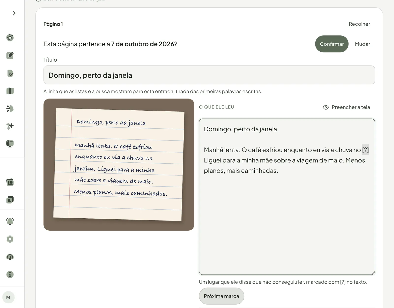 A foto de uma página de caderno ao lado das palavras que o Pensio leu nela, pronta para você conferir.