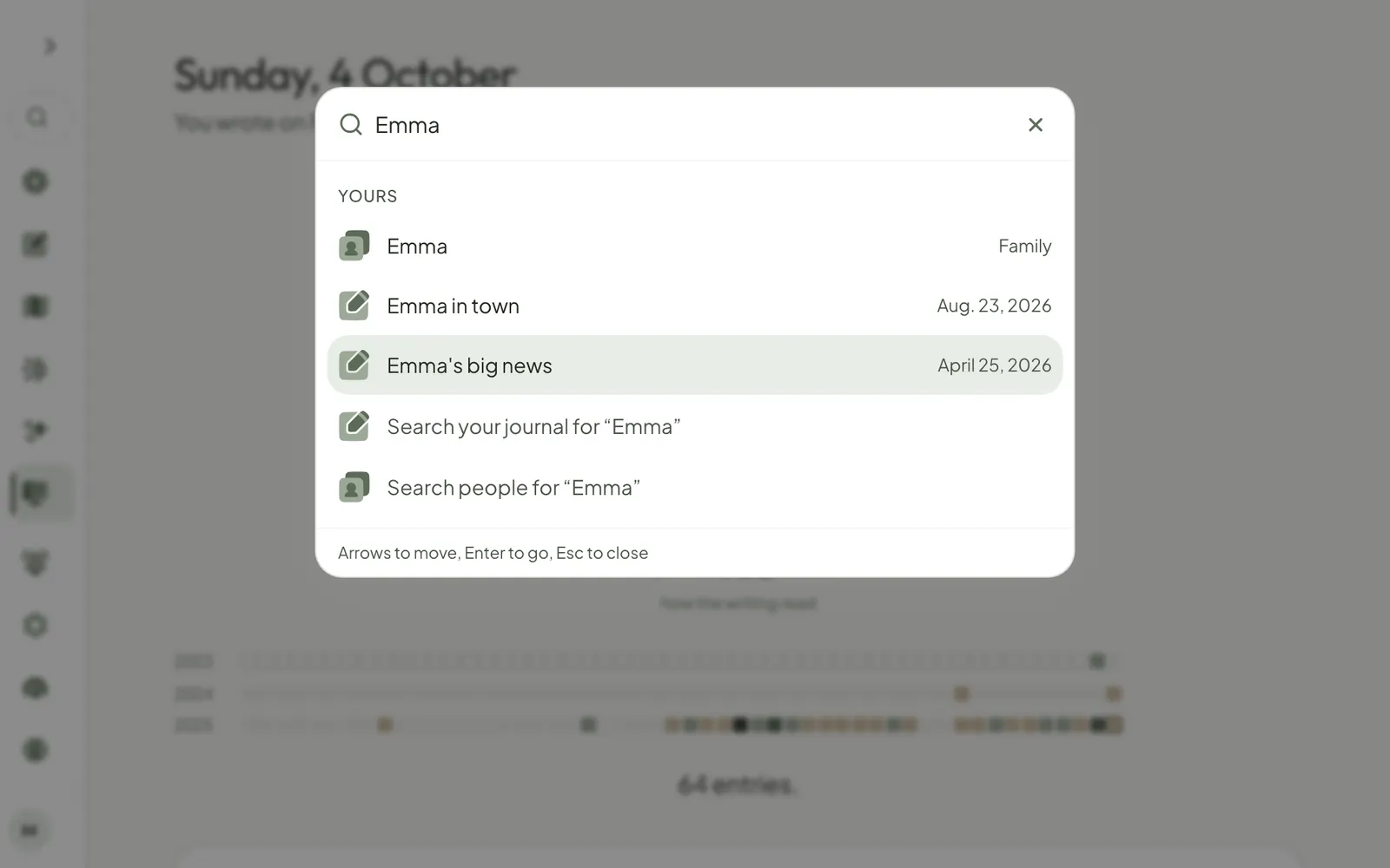 The Jump to anything box open over a page, with matching screens, a person and an entry listed under it.