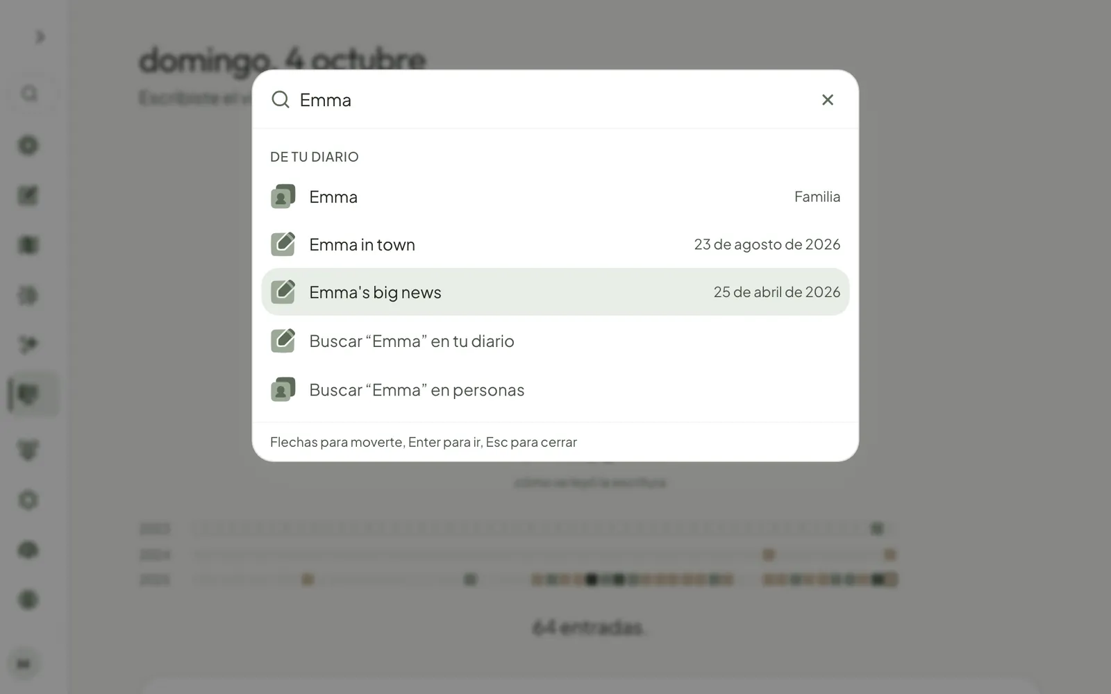 El cuadro Ir a cualquier parte se abre sobre el Panel, encuentra a una persona y sus entradas mientras se escribe el nombre, y baja hasta una de ellas.
