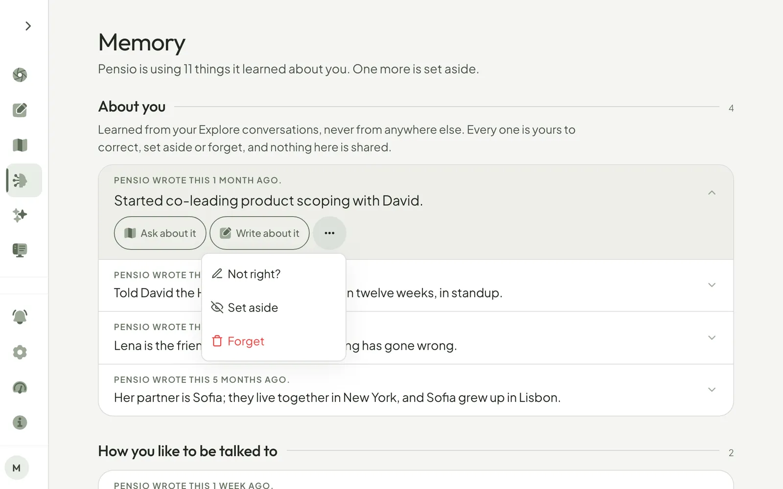 The Memory page: a sentence opens in place with Ask about it and Write about it, the ··· menu offers Not right?, Set aside and Forget, and Not right? turns the sentence into a text box.