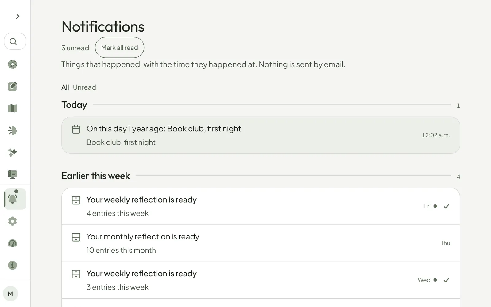The Notifications page: pressing the check beside one notification, then another, and the unread count going from 5 to 3.