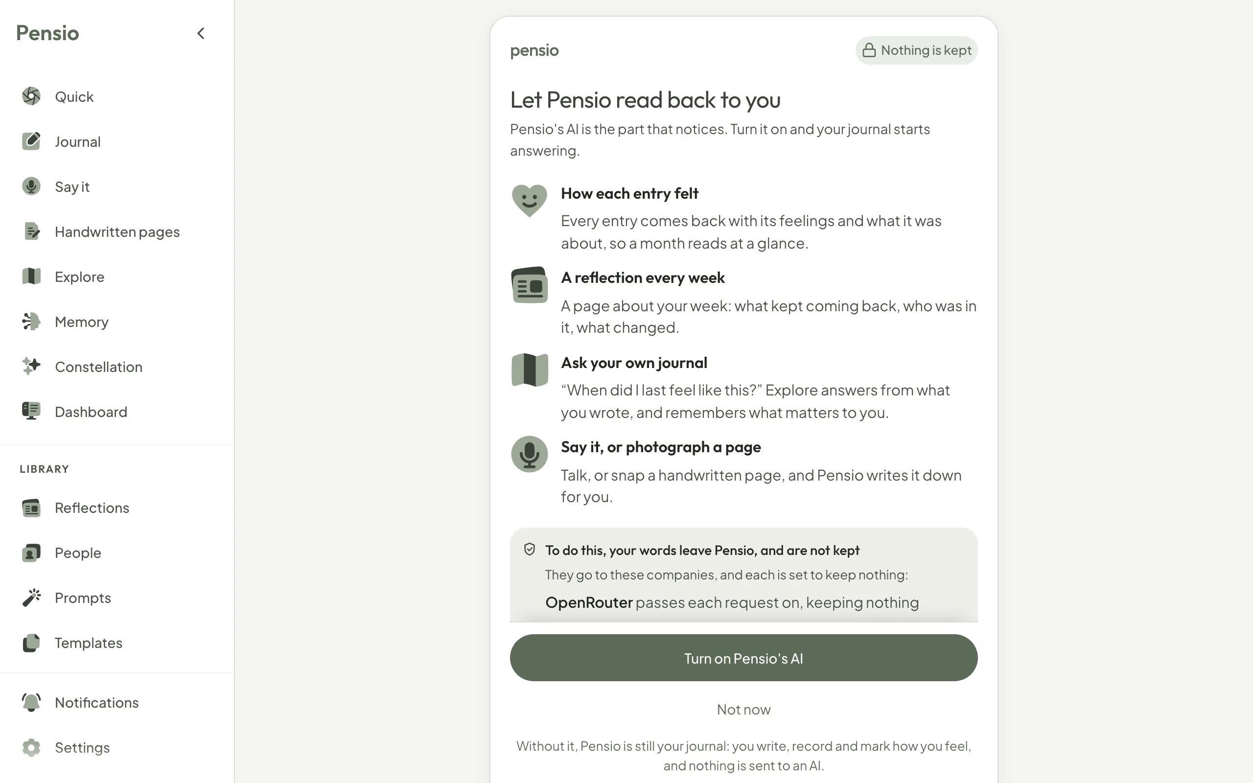 Pensio's page that asks before its AI reads anything: what it gives you, the companies that receive your words, and the buttons Turn on Pensio's AI and Not now.