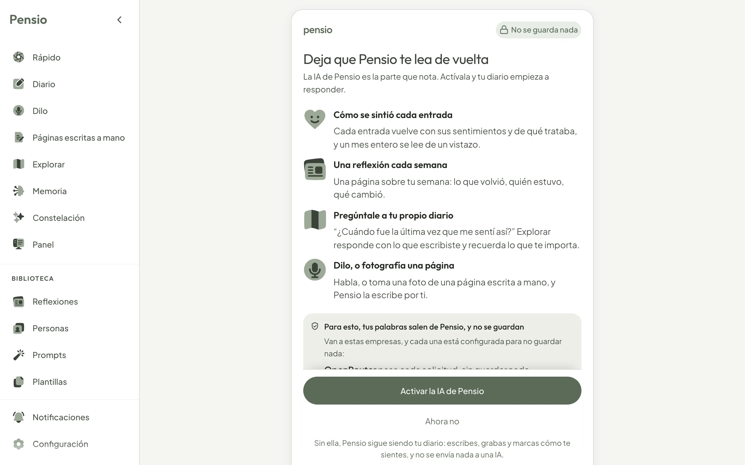 La página de Pensio que pregunta antes de que la IA lea nada: lo que te da, las empresas que reciben tus palabras, y los botones Activar la IA de Pensio y Ahora no.